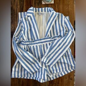Striped Blue & White Women's Blazer & Shorts Matching Set